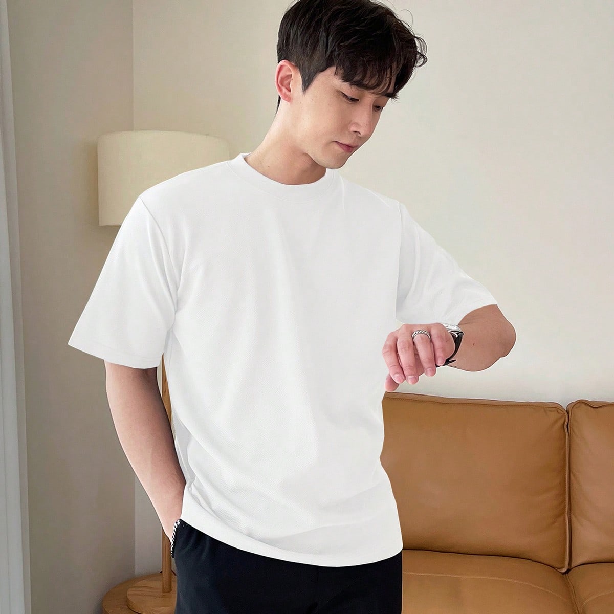 Hombres Camiseta unicolor de cuello redondo