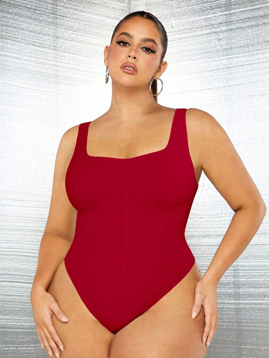SHEIN SXY 大碼素色緊身上衣背心連體衣 - 酒紅色 - 查看 1