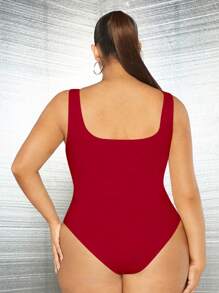 SHEIN SXY 大碼素色緊身上衣背心連體衣 - 酒紅色 - 查看 2