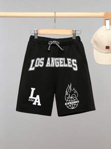 SHEIN 男童休閒火焰與地球字母印花針織運動短褲夏季 - 黑色 - 查看 1