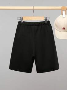 SHEIN 男童休閒火焰與地球字母印花針織運動短褲夏季 - 黑色 - 查看 2