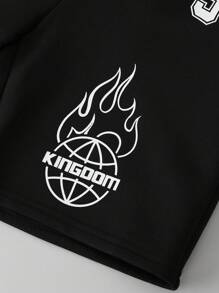 SHEIN 男童休閒火焰與地球字母印花針織運動短褲夏季 - 黑色 - 查看 4