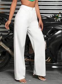 SHEIN ICON Quần jean nữ Nút Túi Dây kéo màu trơn - trắng - Xem 5