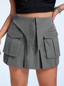 SHEIN ICON Váy Plus Size Xếp li Túi Dây kéo màu trơn Giải trí - Màu xám đen - Xem 6