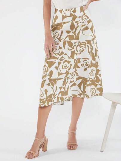BizChic Floral Print High Waist A-line Skirt Without Belt Workwear