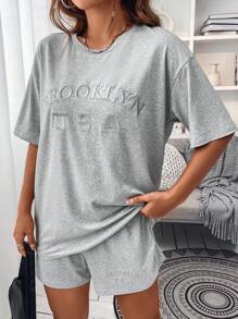 SHEIN LUNE 字母圖案落肩T恤和短褲 - 淺灰色 - 查看 5