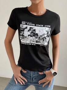 SHEIN EZwear Áo thun nữ Slogan Giải trí - màu đen - Xem 1