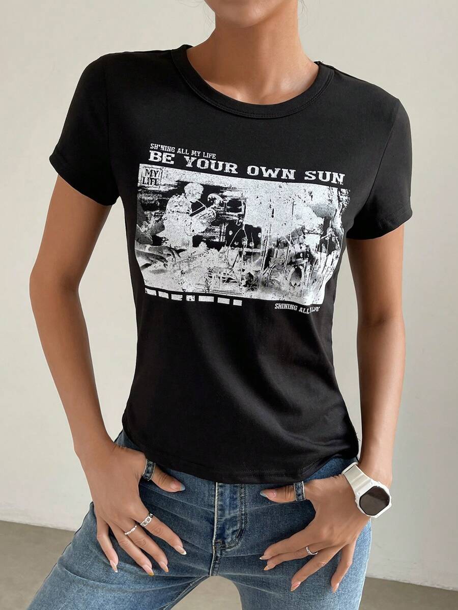 SHEIN EZwear Áo thun nữ Slogan Giải trí - màu đen - Xem 1