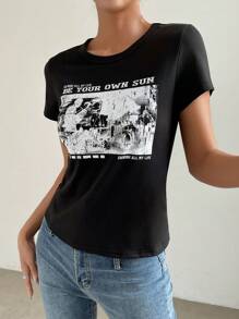 SHEIN EZwear Áo thun nữ Slogan Giải trí - màu đen - Xem 3