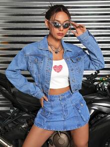 SHEIN ICON 翻蓋細節短款牛仔夾克 - 藍色 - 查看 3