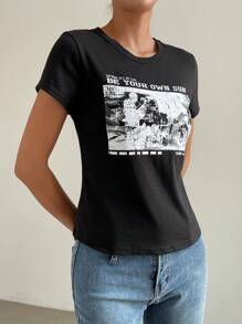 SHEIN EZwear Áo thun nữ Slogan Giải trí - màu đen - Xem 4