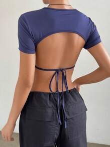 SHEIN PETITE Solid Tie Backless Crop Tee - Navy Blue - View 2