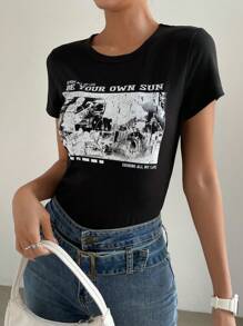 SHEIN EZwear Áo thun nữ Slogan Giải trí - màu đen - Xem 5