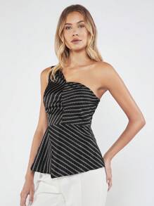 BizChic Chain Print One Shoulder Peplum Top - Black - View 1
