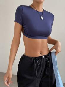 SHEIN PETITE Solid Tie Backless Crop Tee - Navy Blue - View 3