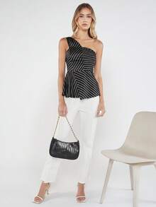 BizChic Chain Print One Shoulder Peplum Top - Black - View 3