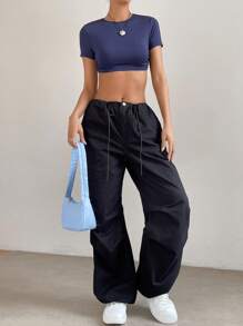 SHEIN PETITE Solid Tie Backless Crop Tee - Navy Blue - View 5