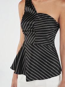 BizChic Chain Print One Shoulder Peplum Top - Black - View 5