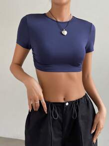 SHEIN PETITE Solid Tie Backless Crop Tee - Navy Blue - View 7