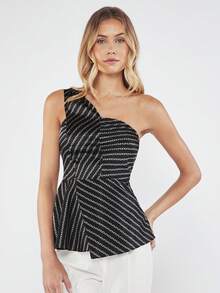 BizChic Chain Print One Shoulder Peplum Top - Black - View 6