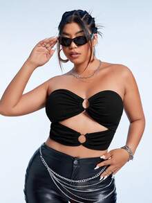SHEIN ICON Plus O-ring Cut Out Front Tube Top - Black - View 5