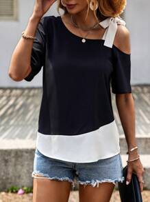SHEIN LUNE Áo sơ mi nữ Bất đối xứng Thắt nút Khối Màu Giải trí - màu đen - Xem 5