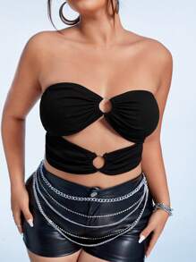 SHEIN ICON Plus O-ring Cut Out Front Tube Top - Black - View 1