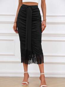 SHEIN Clasi Falda bajo con fleco fruncido - Negro - Ver 1