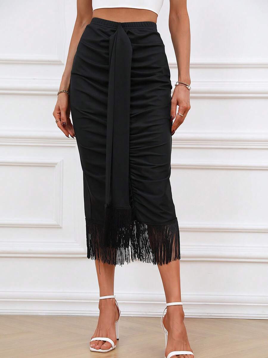SHEIN Clasi Falda bajo con fleco fruncido - Negro - Ver 1