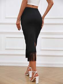 SHEIN Clasi Falda bajo con fleco fruncido - Negro - Ver 2