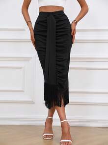 SHEIN Clasi Falda bajo con fleco fruncido - Negro - Ver 4