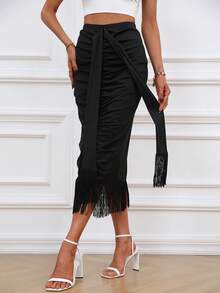 SHEIN Clasi Falda bajo con fleco fruncido - Negro - Ver 5