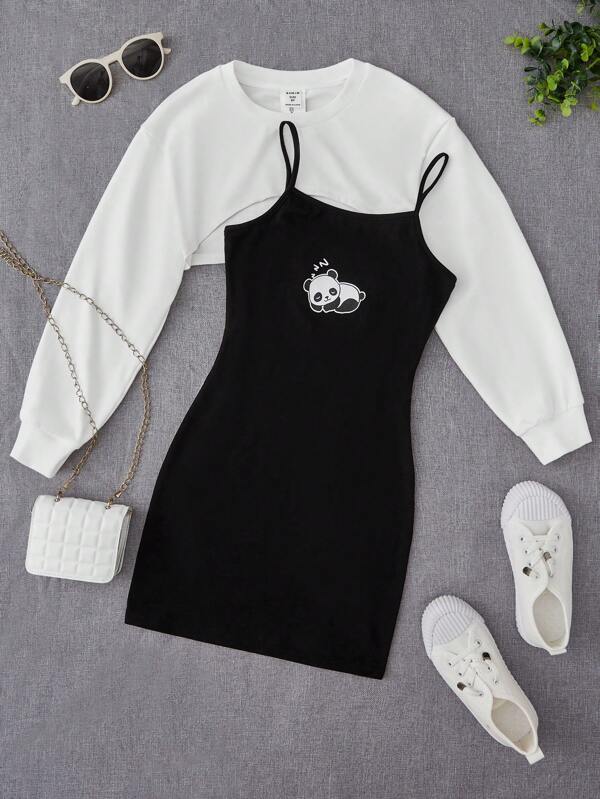 SHEIN Tween Girl Drop Shoulder Super Crop Pullover & Cartoon Graphic Cami Dress
