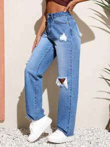 SHEIN Unity 高腰破洞直筒牛仔褲 - 中等水洗藍 - 查看 4