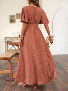 SHEIN VCAY 滿版印花蝴蝶袖繫腰帶連衣裙 - 鏽棕色 - 查看 2