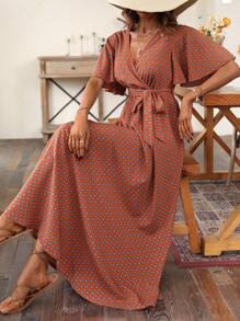 SHEIN VCAY 滿版印花蝴蝶袖繫腰帶連衣裙 - 鏽棕色 - 查看 4