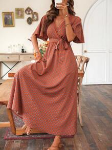 SHEIN VCAY 滿版印花蝴蝶袖繫腰帶連衣裙 - 鏽棕色 - 查看 5