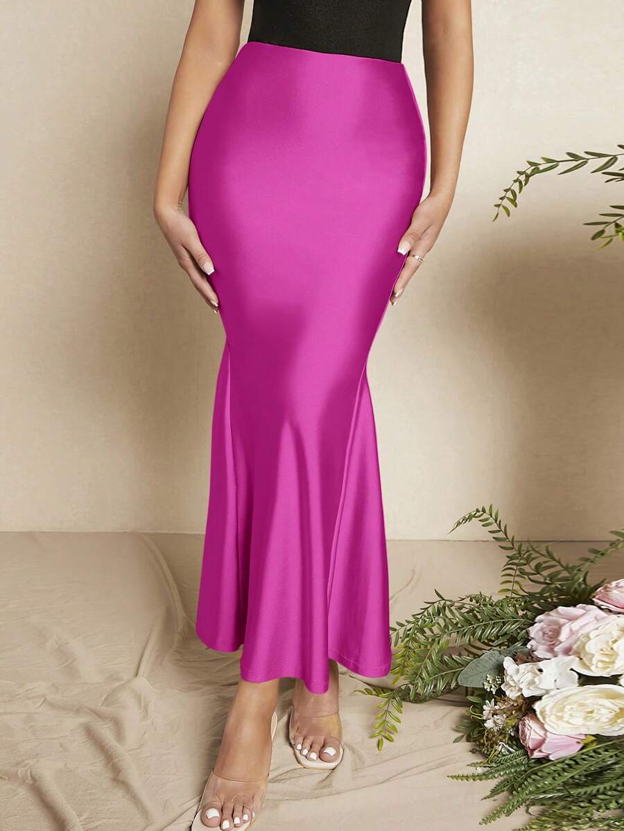 SHEIN SXY Falda unicolor bajo sirena de satén - Rojo violeta - Ver 1