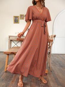 SHEIN VCAY 滿版印花蝴蝶袖繫腰帶連衣裙 - 鏽棕色 - 查看 6