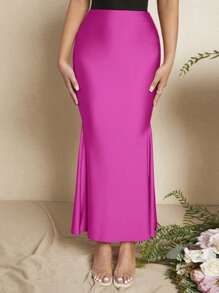 SHEIN SXY Falda unicolor bajo sirena de satén - Rojo violeta - Ver 3