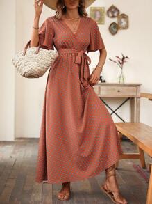 SHEIN VCAY 滿版印花蝴蝶袖繫腰帶連衣裙 - 鏽棕色 - 查看 7