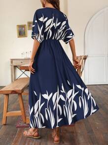 植物圖案蝙蝠袖高衩連衣裙不附腰帶 - 藏蓝色 - 查看 2