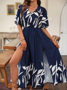 植物圖案蝙蝠袖高衩連衣裙不附腰帶 - 藏蓝色 - 查看 5