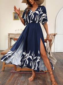 植物圖案蝙蝠袖高衩連衣裙不附腰帶 - 藏蓝色 - 查看 6