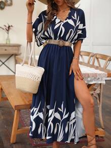 植物圖案蝙蝠袖高衩連衣裙不附腰帶 - 藏蓝色 - 查看 7