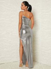 SHEIN SXY Một bờ vai Xù Tách đùi Kim loại Đầm - Bạc - Xem 2