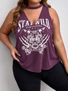 SHEIN SXY Top tank con estampado de tigre y letra de cuello gargantilla - Rojo violeta - Ver 3