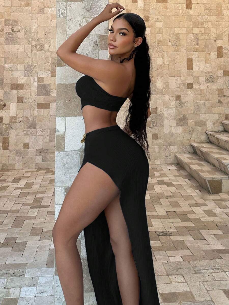 SHEIN SXY 素色抹胸上衣和高衩半身裙帶鏈子 - 黑色 - 查看 1