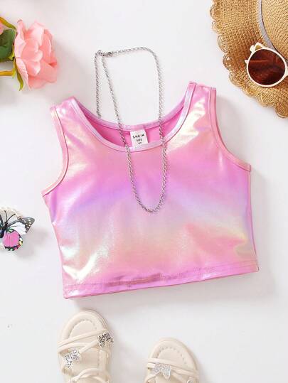 SHEIN Young Girl Holographic Laser-Cool Short Tank Top.,Holiday,Summer,Travel Summer Holiday