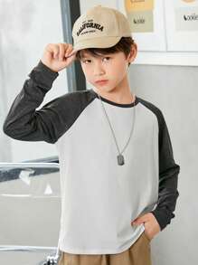 SHEIN Little Byeori Tween Boy Casual Gray Raglan Long Sleeve Knitted T-Shirt, Autumn/Winter Basic Tee
